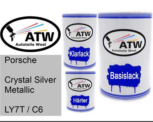 Porsche, Crystal Silver Metallic, LY7T / C6: 500ml Lackdose + 500ml Klarlack + 250ml Härter - Set, von ATW Autoteile West.